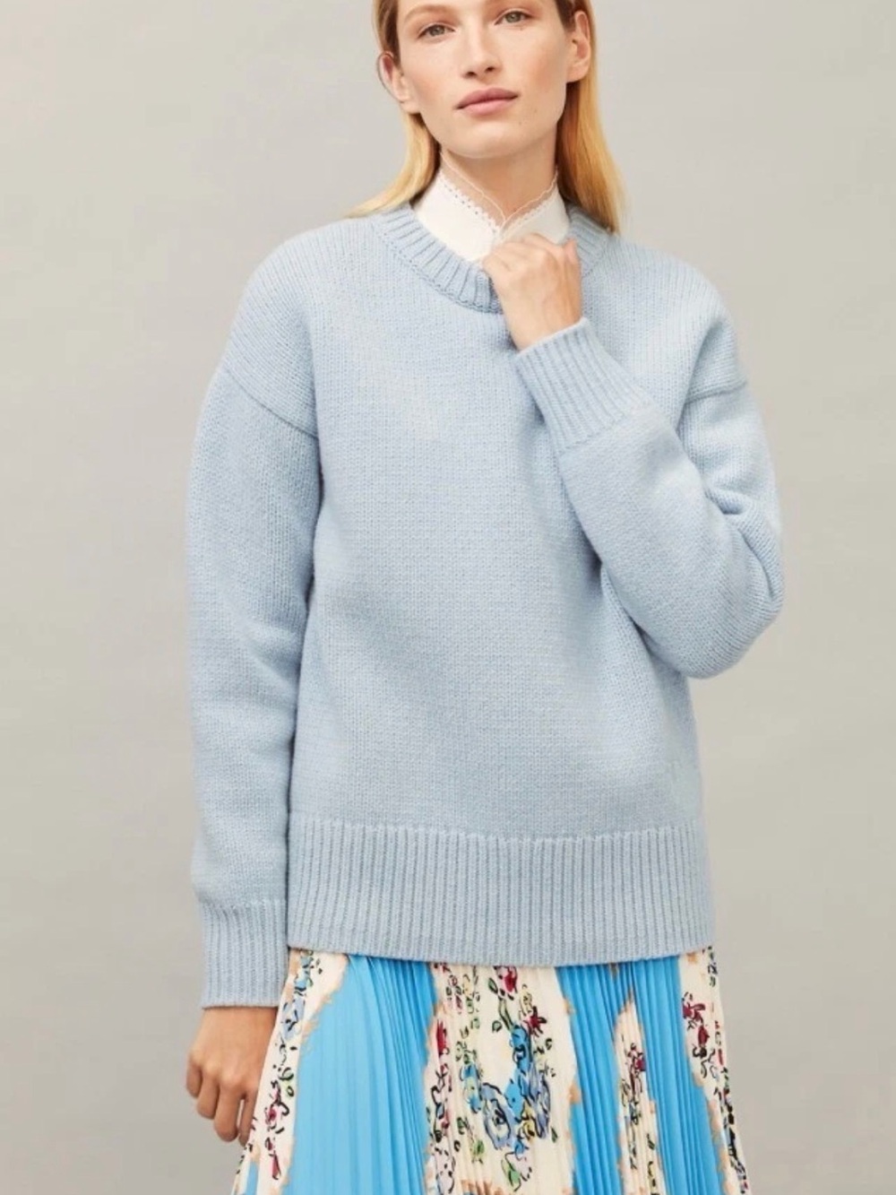 Tory Burch Wool Light Blue Crewneck Women's Sweater - Classic Knit Oversized